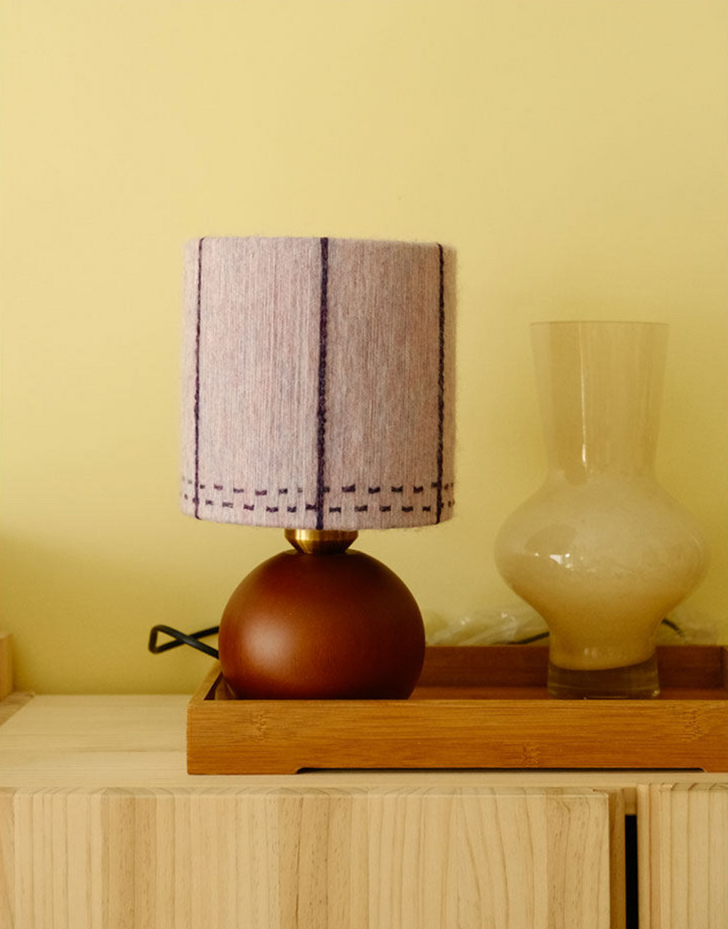 Dusty Lavender Mohair & Oak Wood Table Lamp