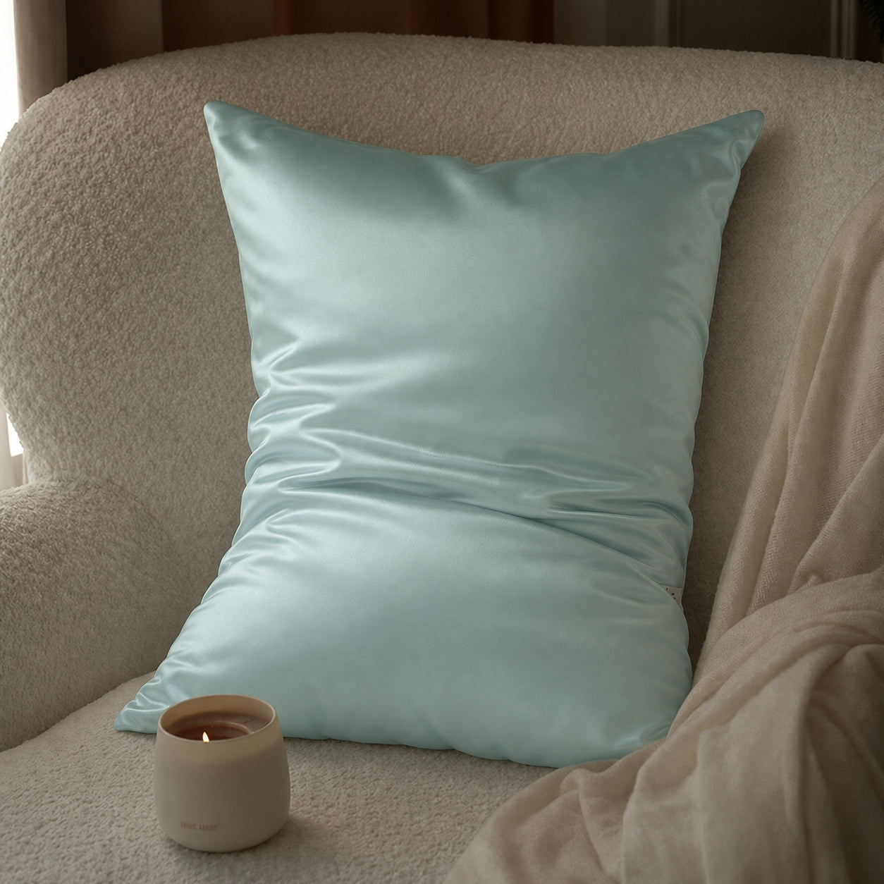 Tiffany Blue 22 momme silk front pillowcases styled on a cream lounge chair.