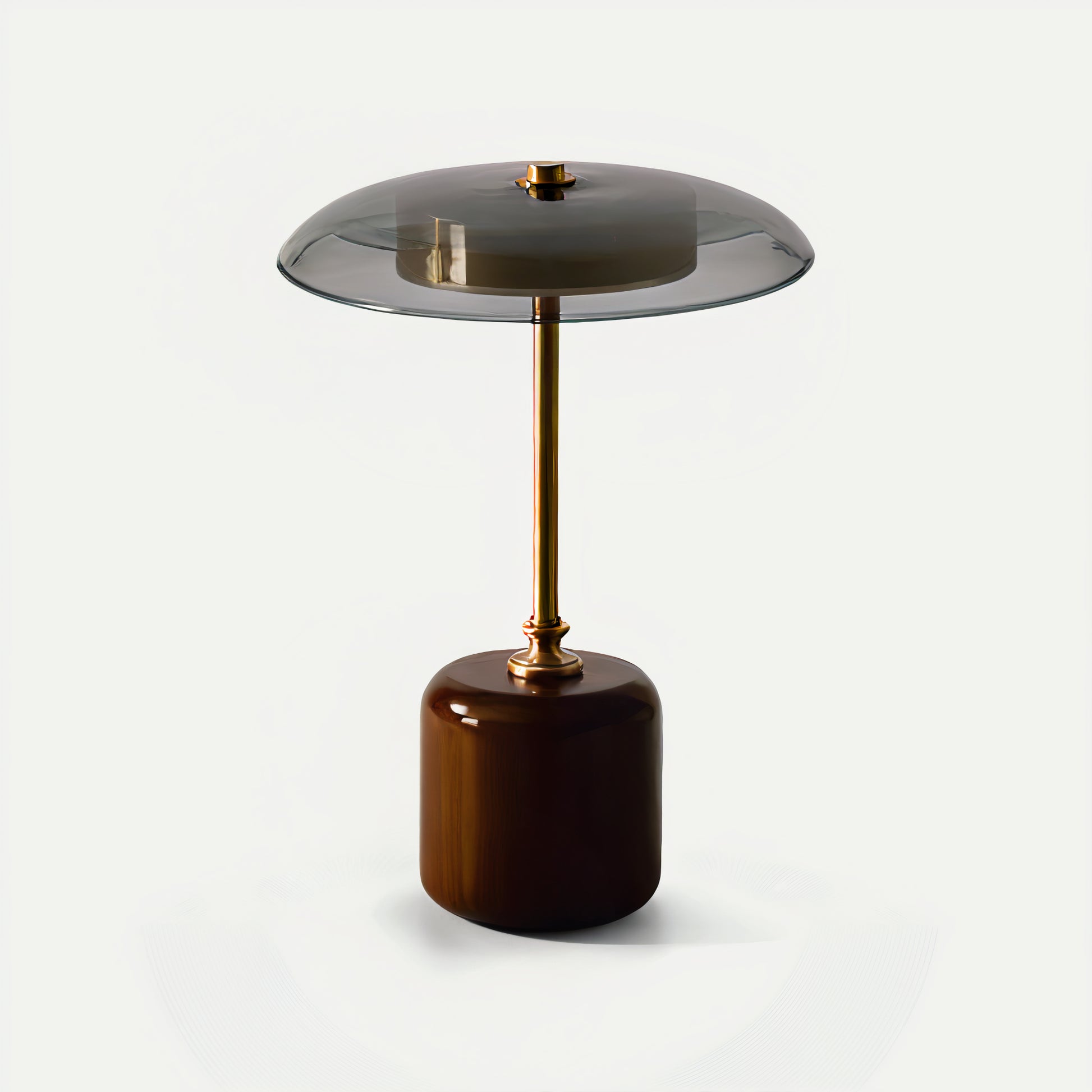American MCM side table with smoked glass top and wooden base on a white background