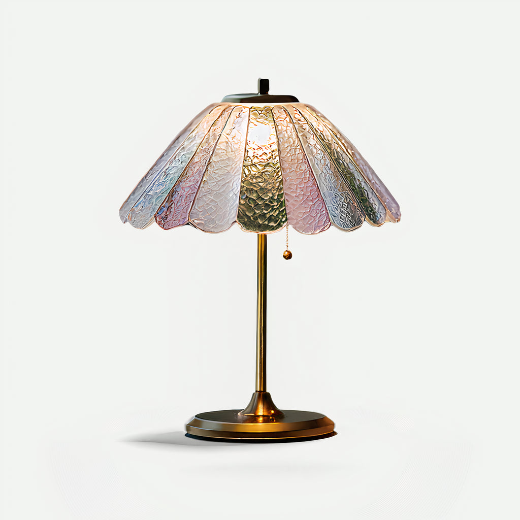 Colorful MCM table lamp with a colorful glass shade on a white background