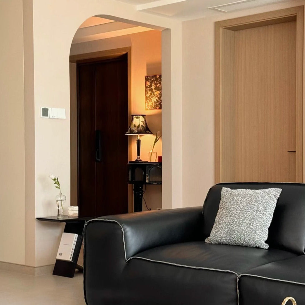 Side profile view showing the decorative black embroidery French table lamp in living room