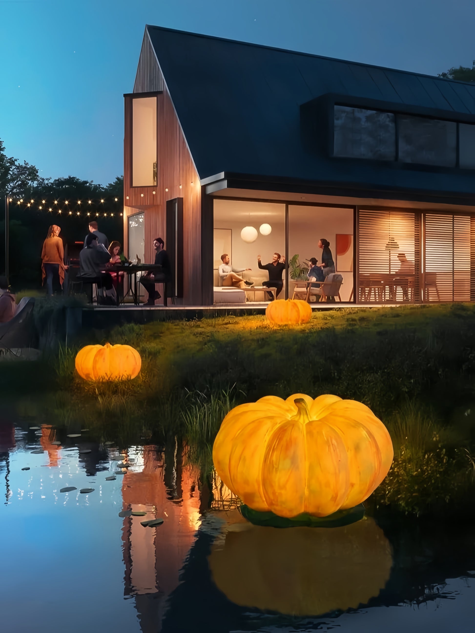 Modern house with people gathered outdoors, illuminated by glowing pumpkin lamps near a pond.