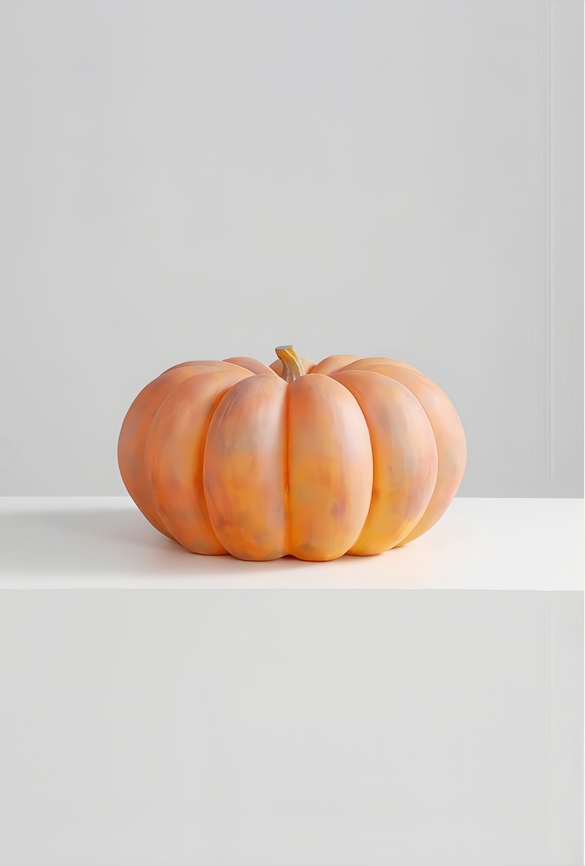 Decorative pumpkin lamp on a white surface with a light gray background