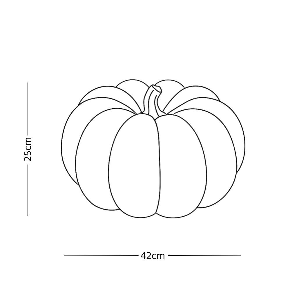 Line drawing of a pumpkin lamp with dimensions labeled on a white background