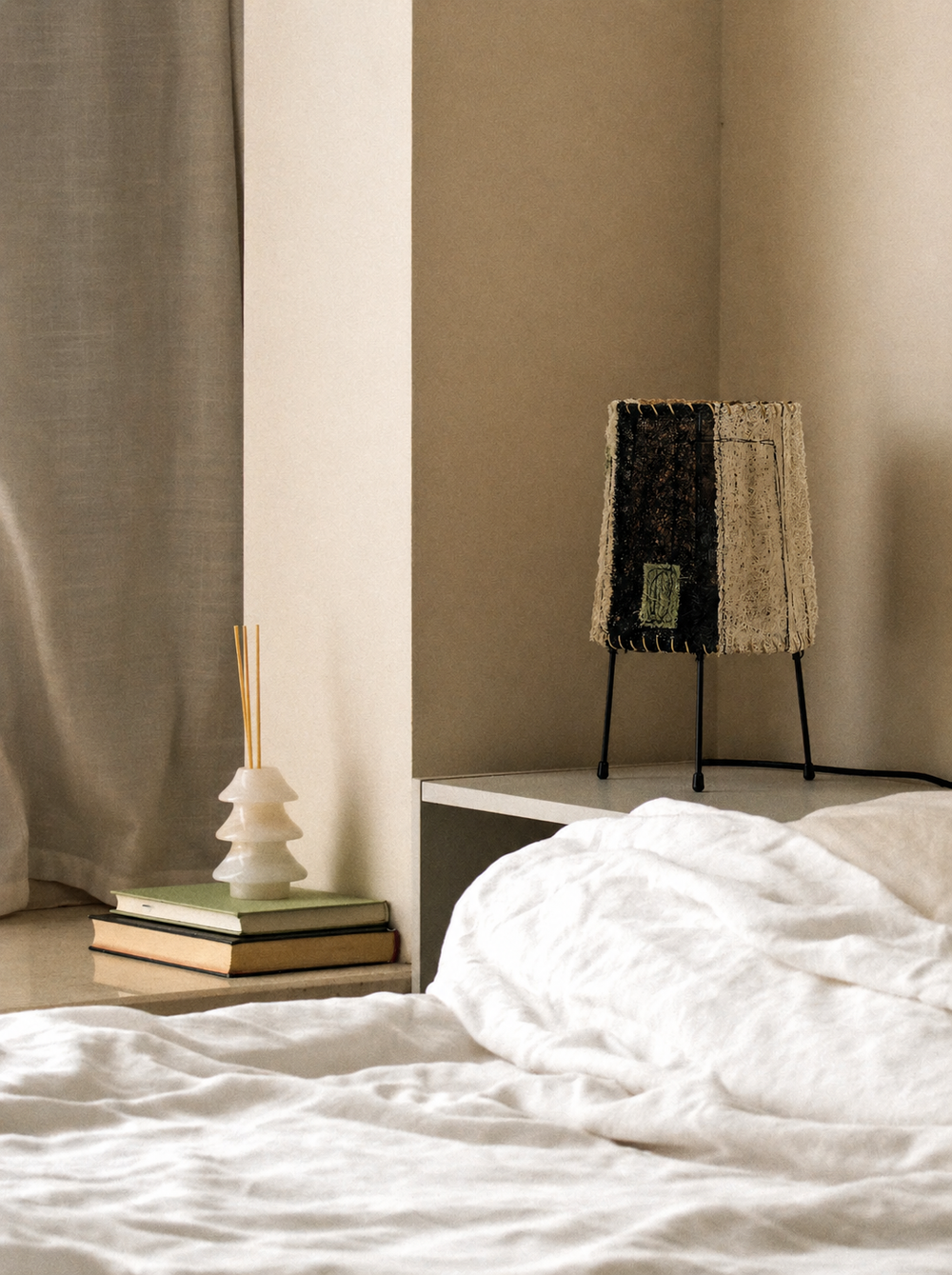 Wabi-Sabi Loofah Patchwork Table Lamp - Contrast lifestyle shot styled alongside complementary home decor elements