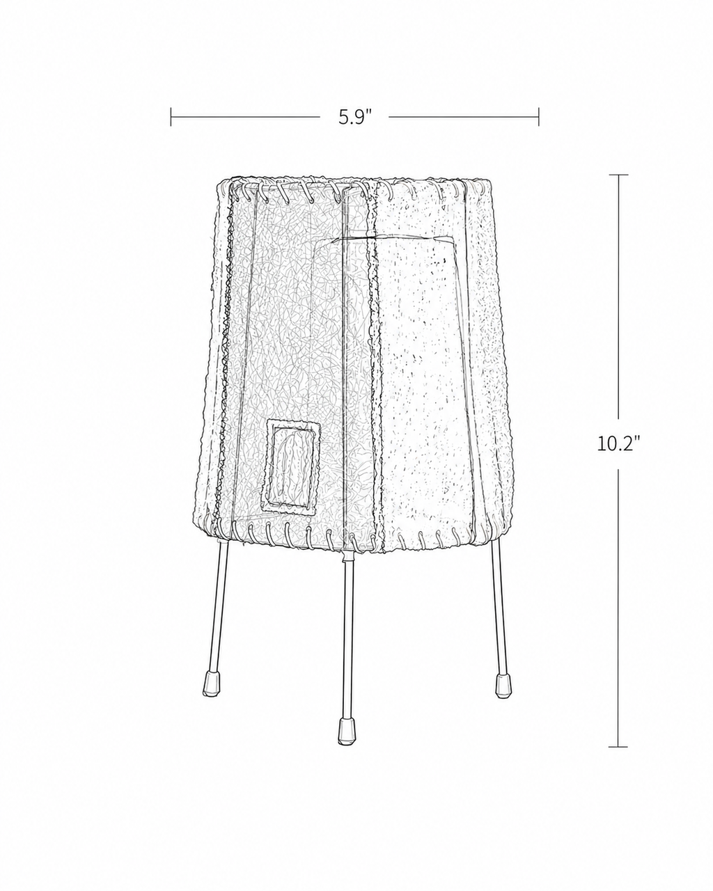 Dimension line drawing of the Contrast loofah table lamp, showing a 5.9-inch shade width and 10.2-inch height
