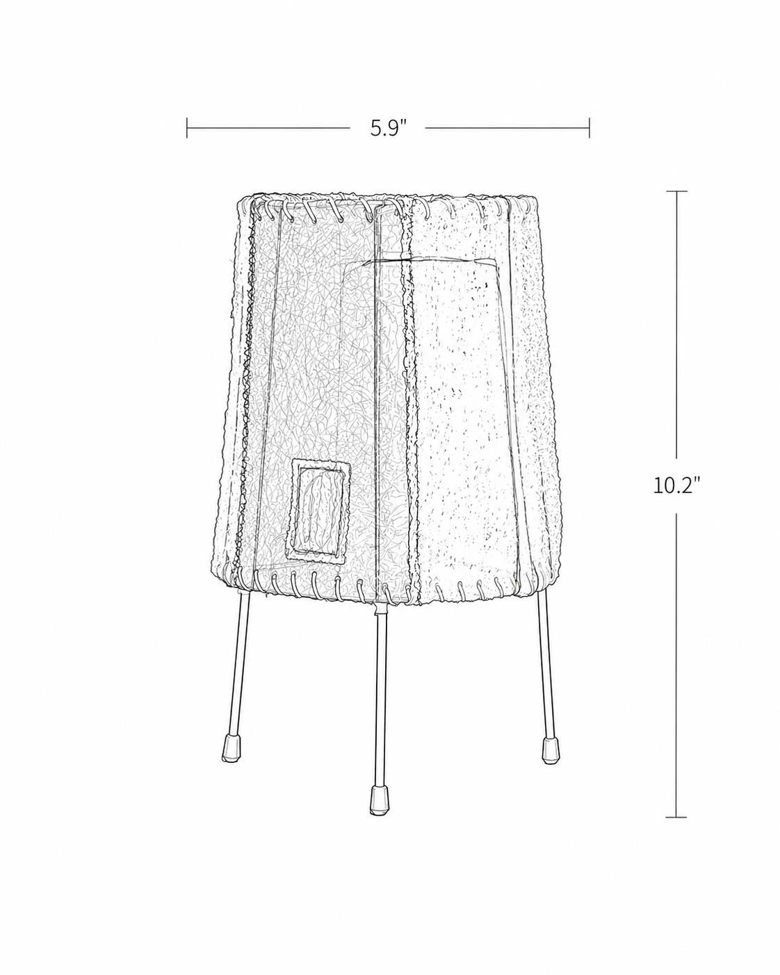 Dimension line drawing of the Contrast loofah table lamp, showing a 5.9-inch shade width and 10.2-inch height