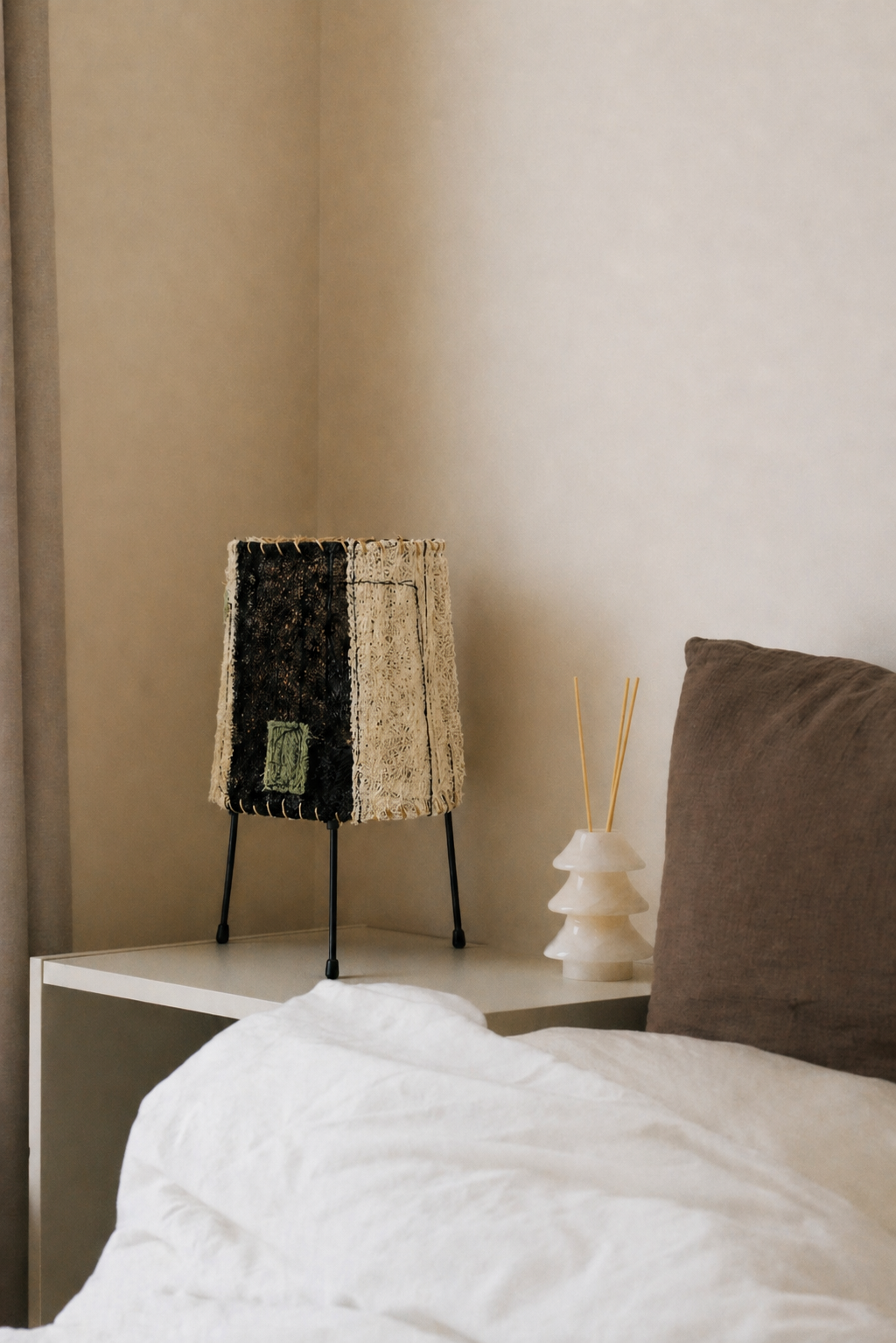 Wabi-Sabi Loofah Patchwork Table Lamp - Contrast room scene showing the lamp as part of an interior design scheme