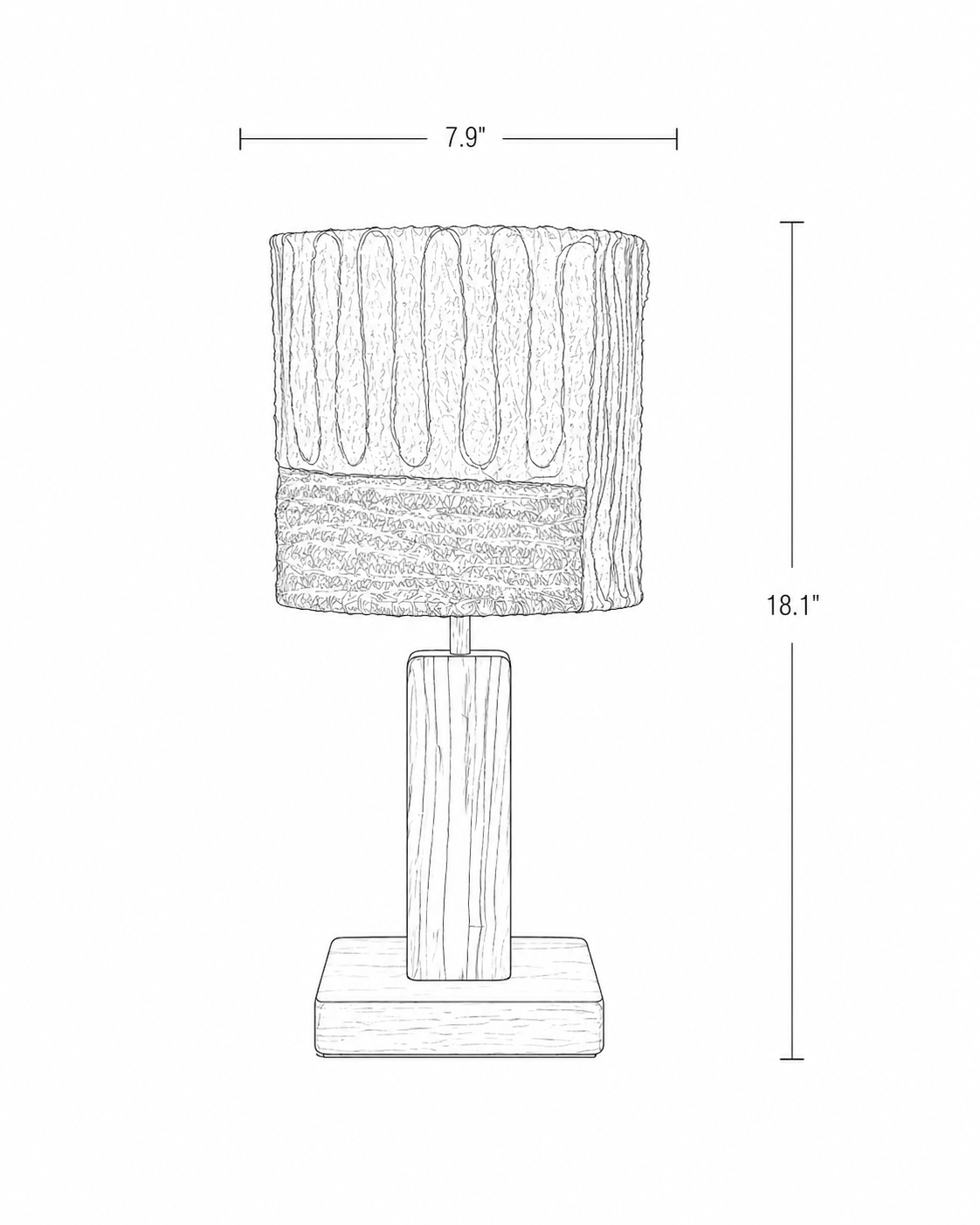 Dimension line drawing of the Moss loofah table lamp with wood base, showing 7.9-inch shade width and 18.1-inch height.