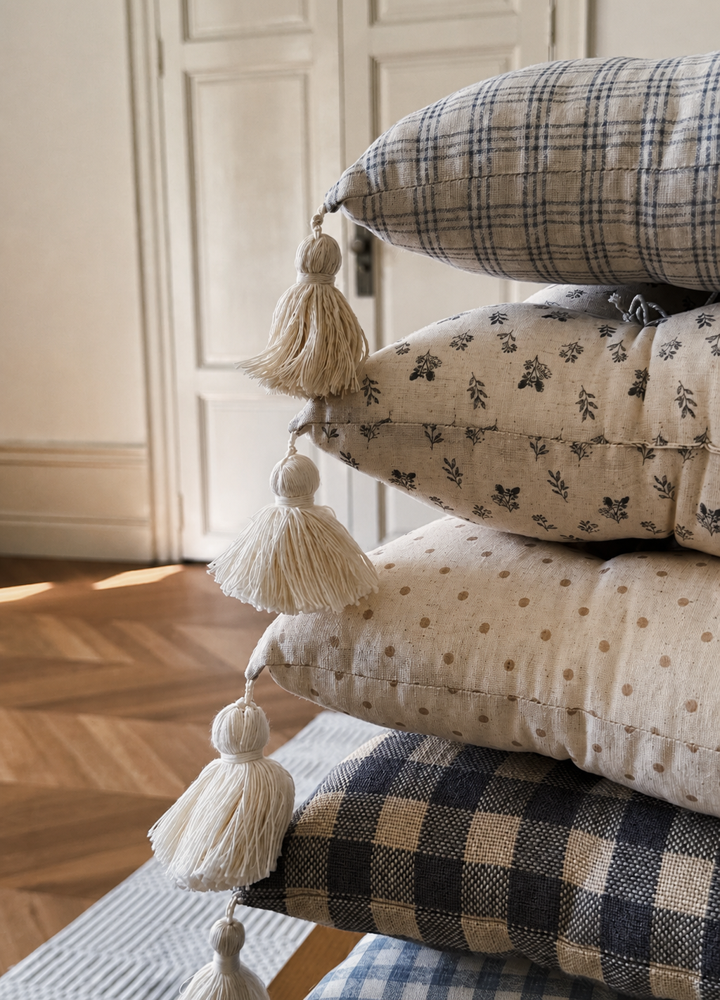 Close-up of patterned Mariette pillows showing oversized corner tassels and tufted construction.