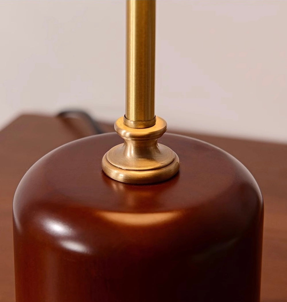 American Mid-Century Modern Table Lamp close-up of the dark wood cylindrical base with vertical brass stem and turned collar