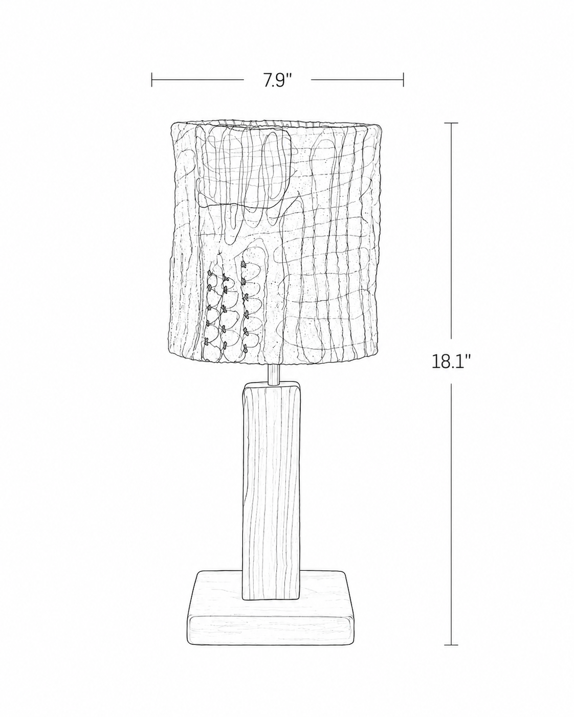 Measurement chart of a table lamp with dimensions labeled.
