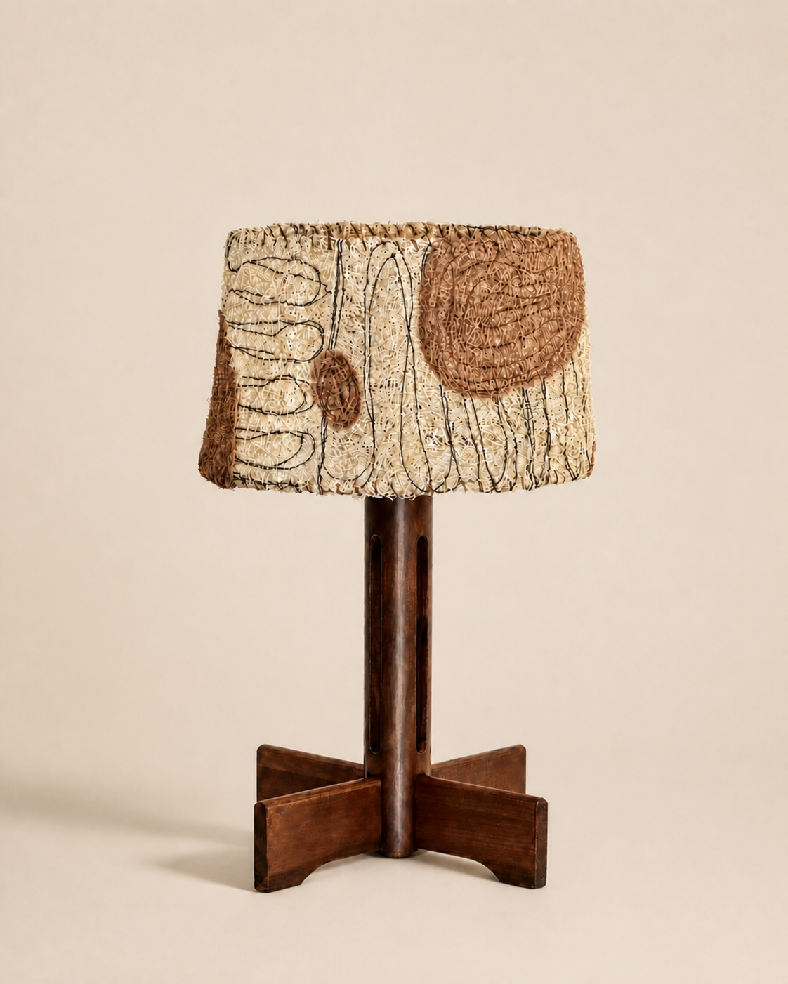 Petal blush loofah and solid wood table lamp on a warm beige background