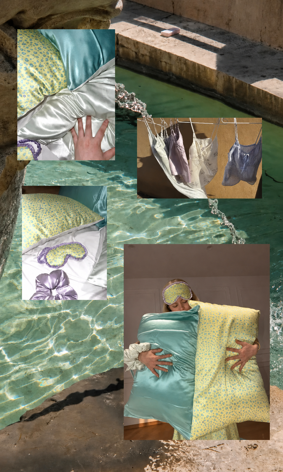 Editorial collage featuring Tiffany Blue and Yellow Leopard 22 momme silk front pillowcases and matching sleep accessories.