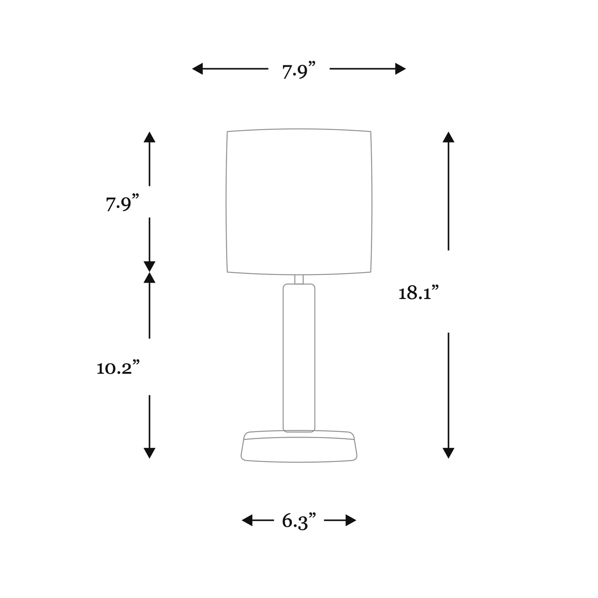 Front-view dimensions of the red and blue striped loofah table lamp in inches