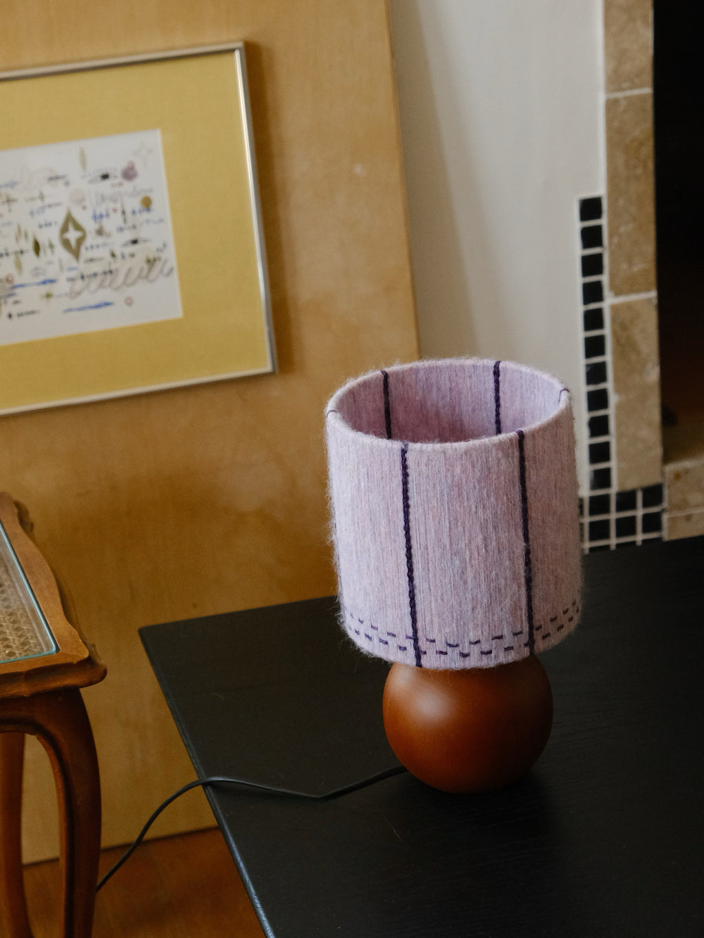 Dusty Lavender Mohair & Oak Wood Table Lamp bedroom corner styling showing the lamp on a wooden nightstand