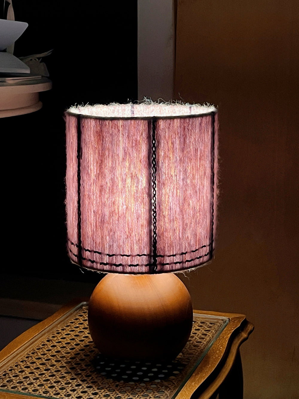 Dusty Lavender Mohair & Oak Wood Table Lamp glowing bedside scene with the lamp casting gentle ambient lighting