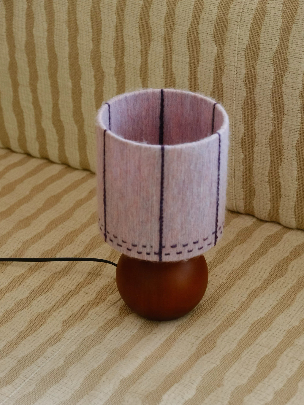 Dusty Lavender Mohair & Oak Wood Table Lamp profile shot illustrating the relationship between shade and base