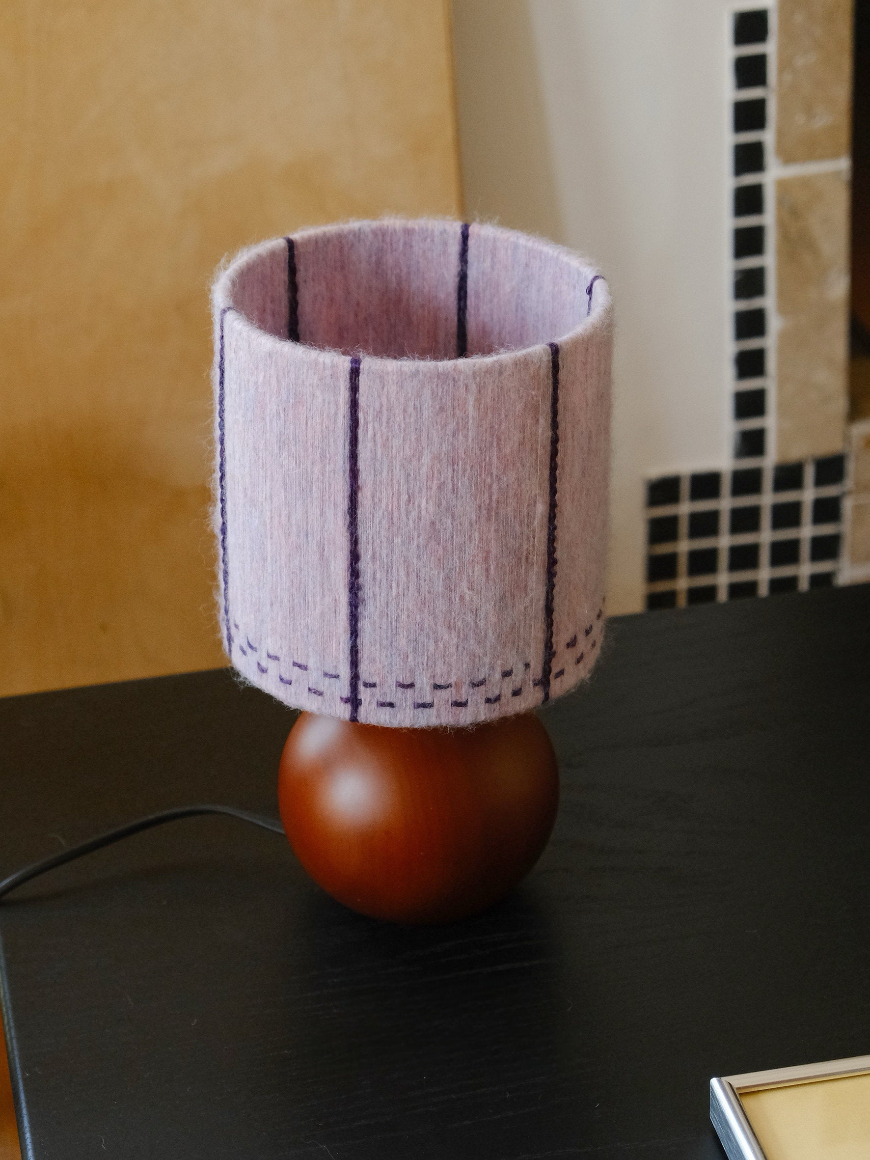 Dusty Lavender Mohair & Oak Wood Table Lamp