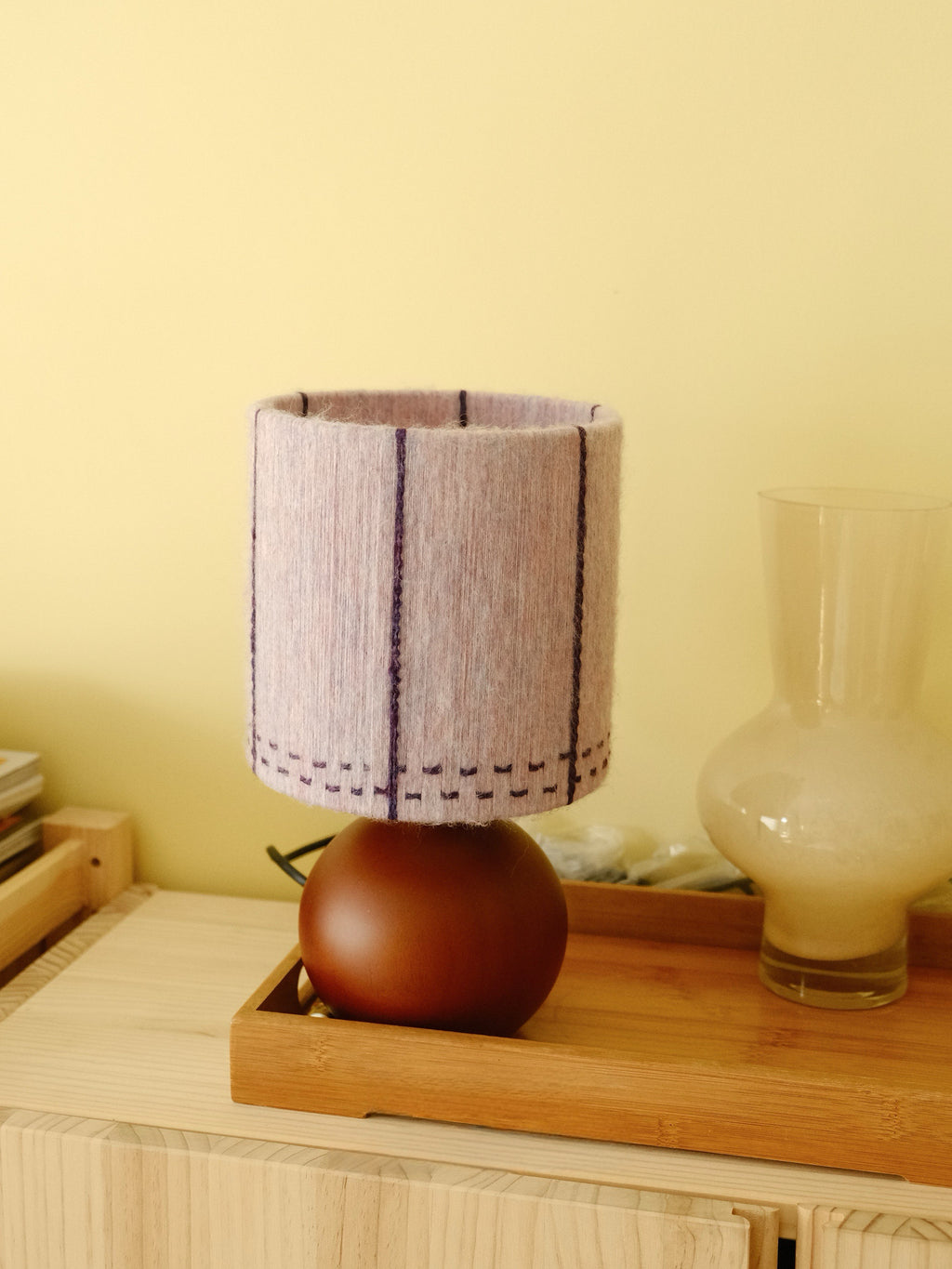Dusty Lavender Mohair & Oak Wood Table Lamp hero product shot styled as the focal point of a curated display