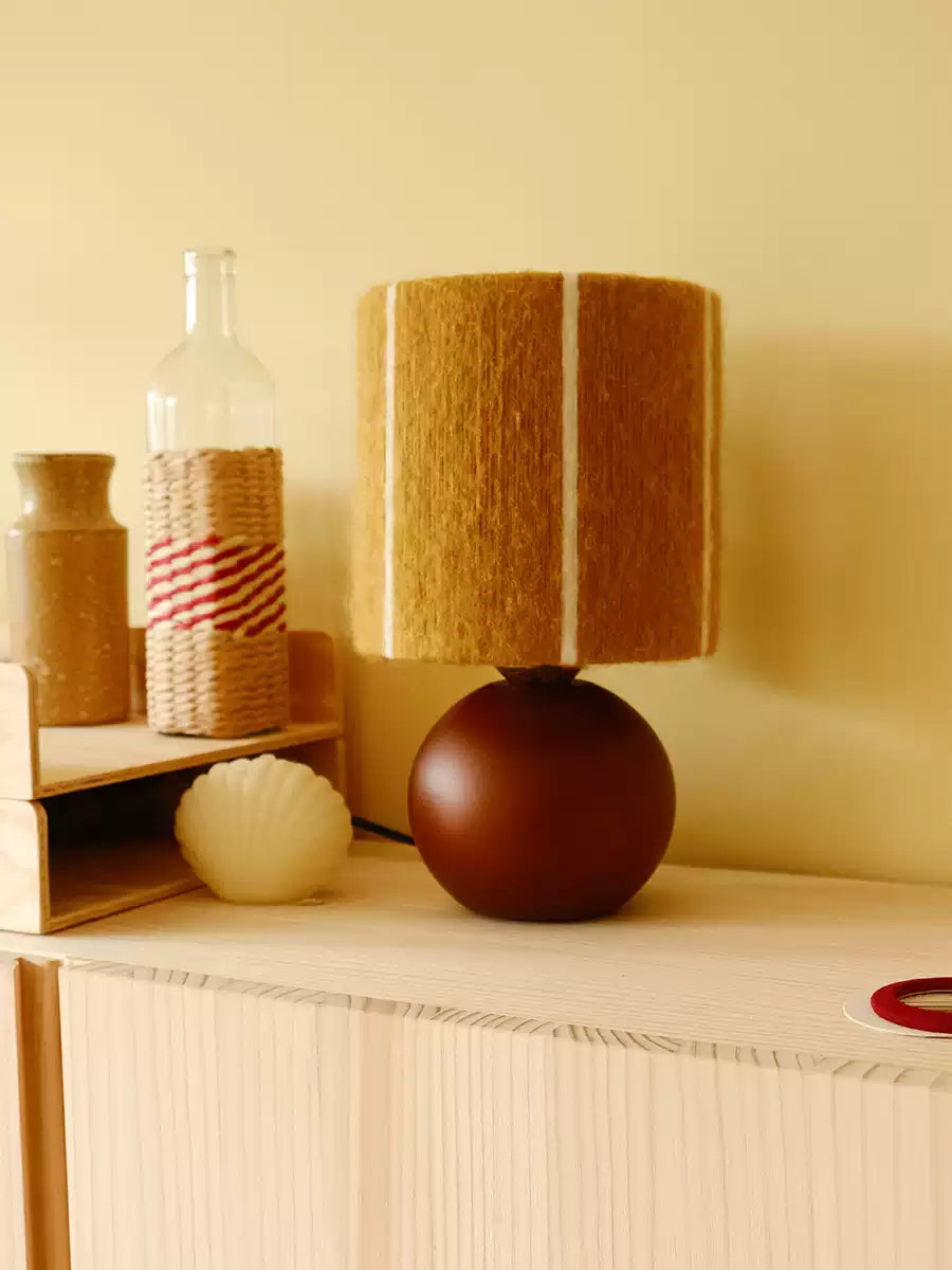 Ginger Mohair & Oak Wood Table Lamp front-facing view showcasing the full lamp silhouette and design
