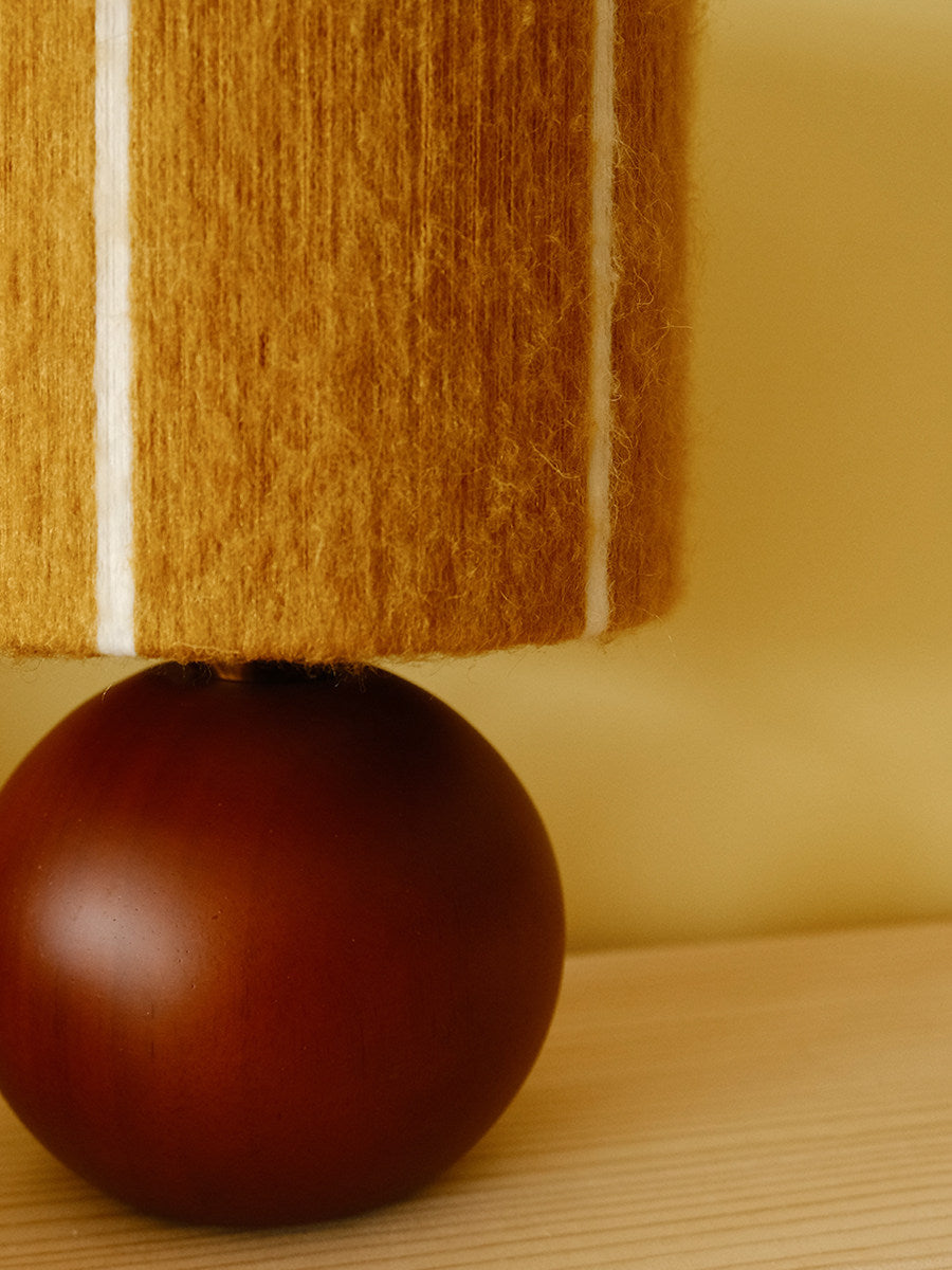 Ginger Mohair & Oak Wood Table Lamp detailed close perspective focusing on the shade and base joinery