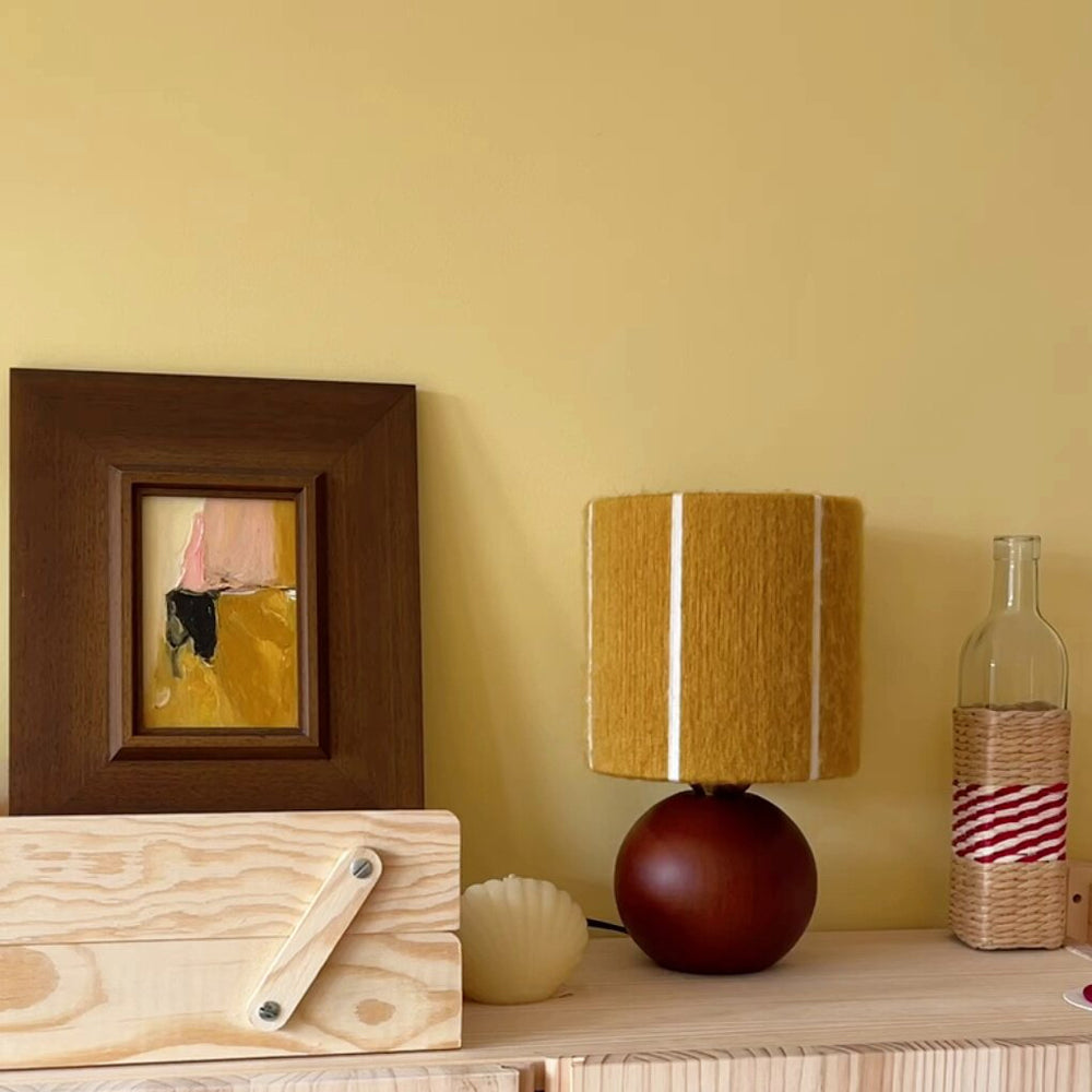 Ginger Mohair & Oak Wood Table Lamp feature presentation with the lamp centered as the main decor element