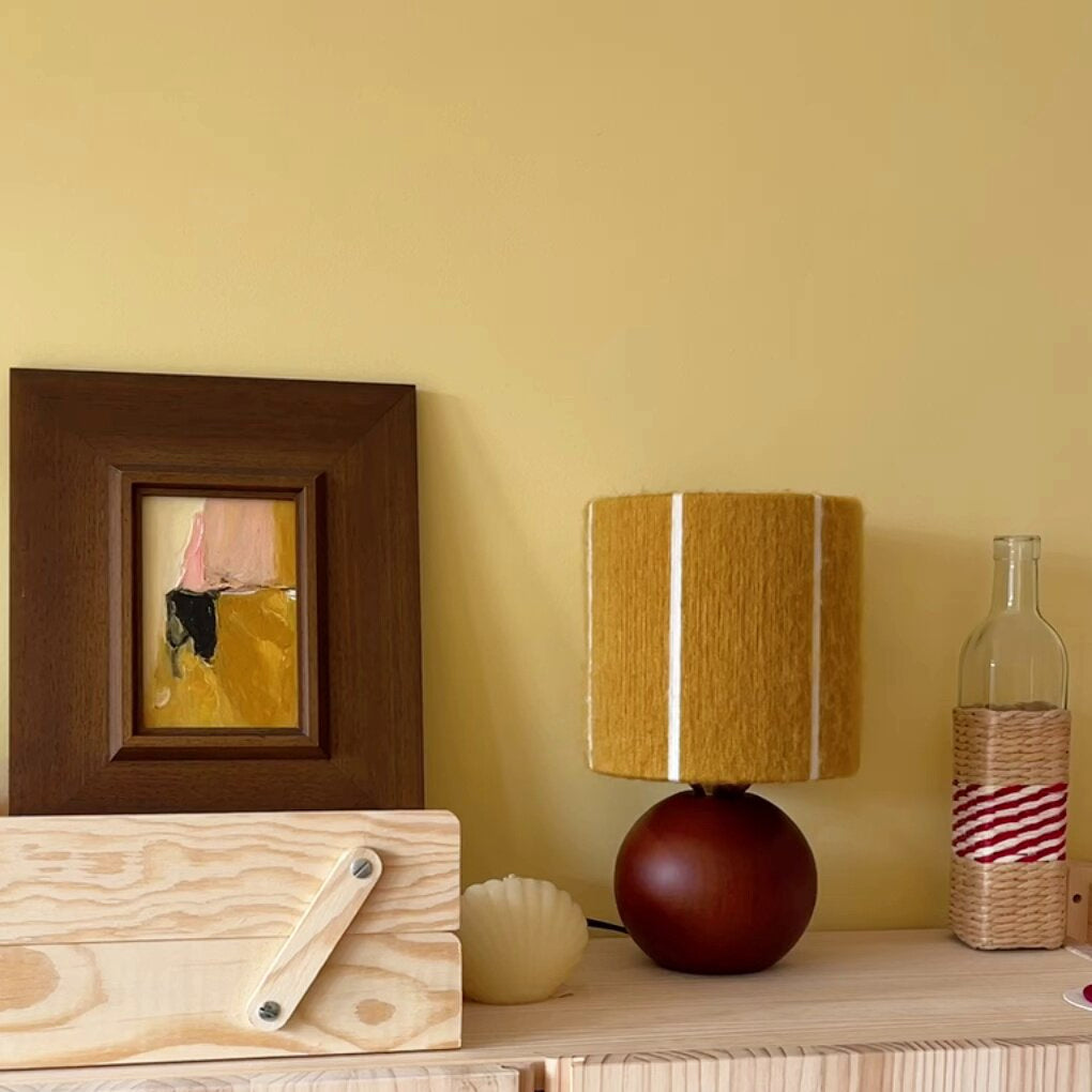 Ginger Mohair & Oak Wood Table Lamp feature presentation with the lamp centered as the main decor element