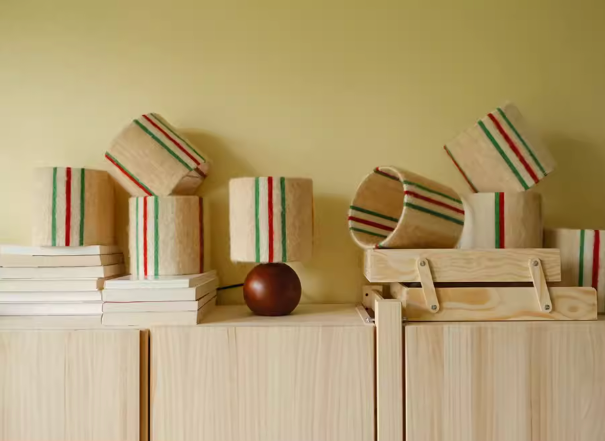 Retro Festive Mohair & Oak Wood Table Lamp