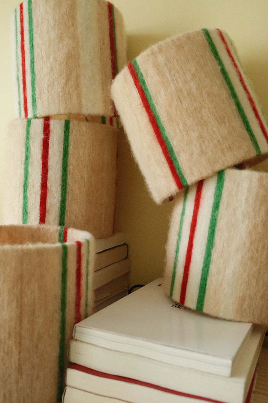 Retro Festive Mohair & Oak Wood Table Lamp magnified view emphasizing the material texture