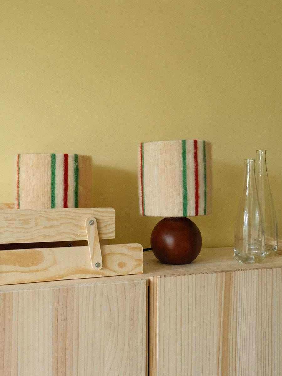 Retro Festive Mohair & Oak Wood Table Lamp hero product shot styled as the focal point of a curated display