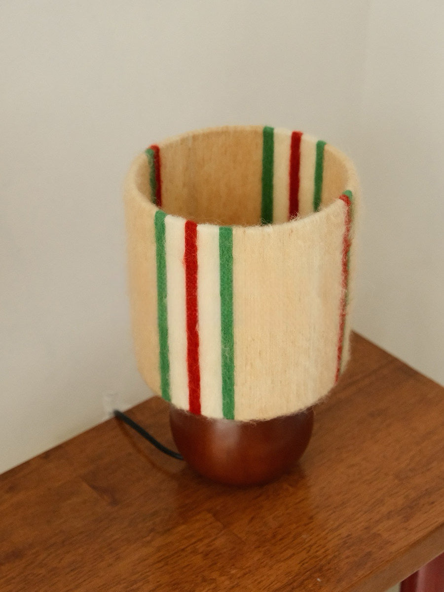 Retro Festive Mohair & Oak Wood Table Lamp styled hero display capturing the lamp from a flattering angle