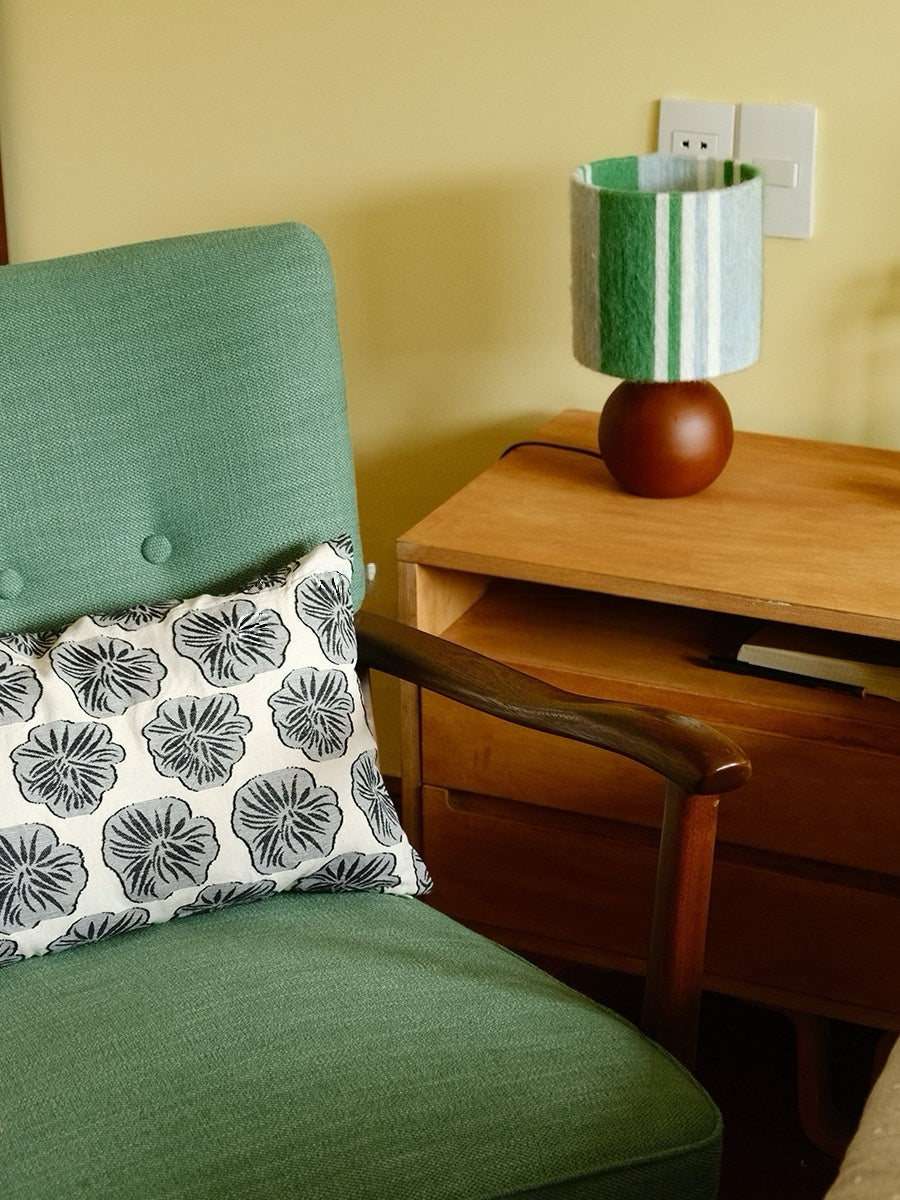 Sage & Forest Mohair & Oak Wood Table Lamp - Verdino feature presentation with the lamp centered as the main decor element