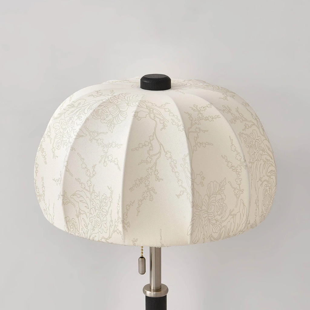 French Vintage Fabric Shade Table Lamp full front view of the pleated shade with pull chain on a clean background 