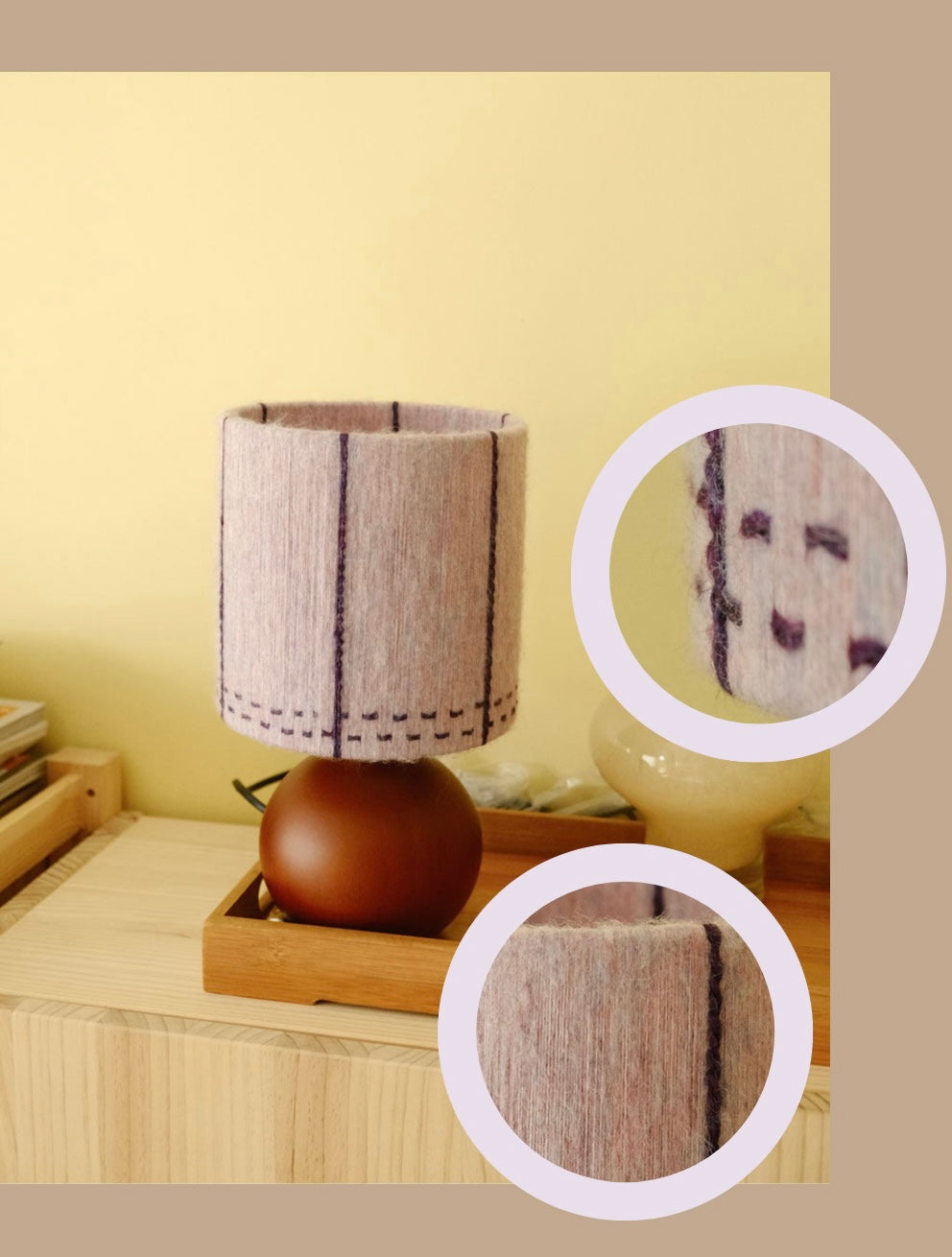 Table lamp with a textured fabric shade on a wooden surface, with close-up insets showing material details.
