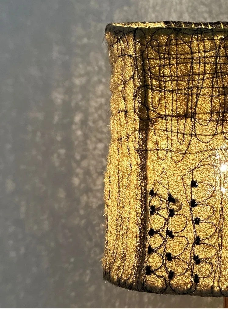 Wabi Sabi Loofah Shade Wood Table Lamp - Patch close-up highlighting the natural white loofah fiber texture on shade surface